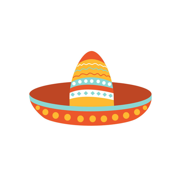 Mexikanische Sombrero-Mütze auf einem isolierten weißen Hintergrund. Festliches Design und Fiesta. Dekoration mit ethnischen Ornamenten - Vektor, Bild