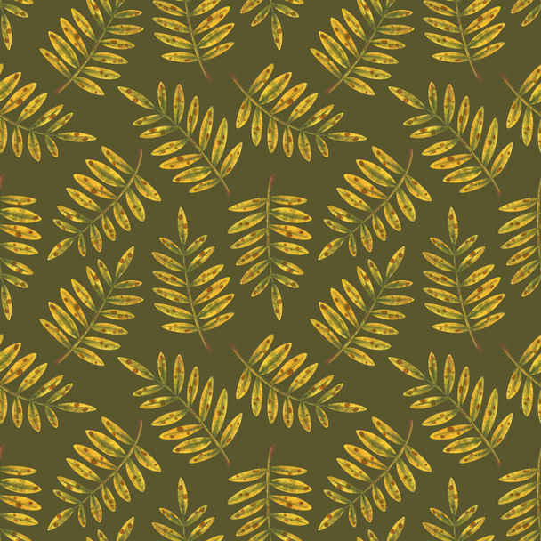 Fallen leaves on a green background. Autumn seamless pattern with floral ornament. Decorative print for fabrics, textiles, paper, packaging. Stock image - Fotoğraf, Görsel