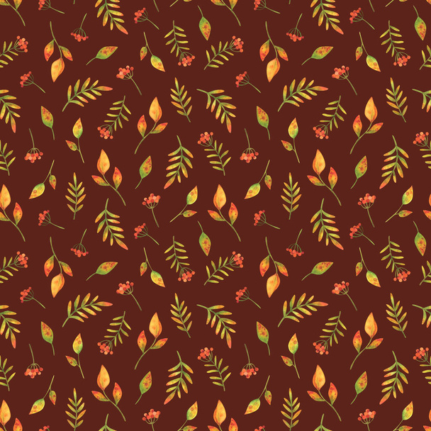 Clusters of autumn red berries and fallen leaves. Seamless pattern with watercolor illustrations on a maroon background. Small print for fabric, textile, paper and other designs. Stock ornament with plants - Zdjęcie, obraz