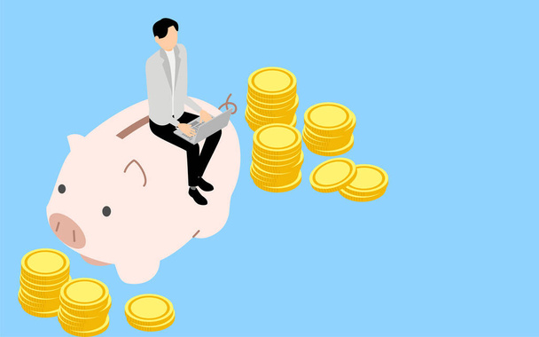 Educational image of money, men and coins sitting in a piggy bank and touching a laptop, isometric - Διάνυσμα, εικόνα