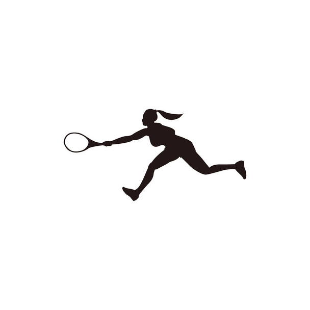 спортивна жінка бігає і гойдається свою тенісну ракетку горизонтально, щоб дістатися до силуету м'яча тенісистка біжить і заздалегідь гойдається мультяшний силует ізольований на білому
 - Вектор, зображення