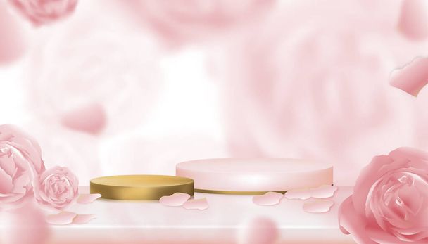 Studiozimmer mit Gold-Zylinder-Podium Vitrinendisplay mit verschwommenem englischen Rosenhintergrund, Vector 3D-Podium auf verschwommener Frühlingsblume, Sweet pink pastellfarbenem Hintergrund Banner für Kosmetik- oder Wellness-Produkte  - Vektor, Bild
