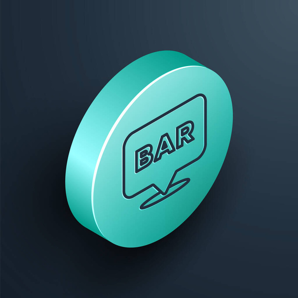 Isometric line Alcohol or beer bar location icon isolated on black background. Symbol of drinking, pub, club, bar. Turquoise circle button. Vector. - Vector, afbeelding