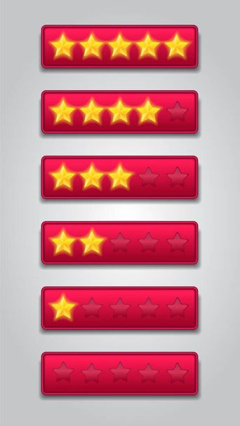 star rating set. Customer feedback sytem. realistic shiny gold stars in front of red rectangle modern vector illustration - ベクター画像