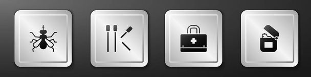 Set Mosquito, Matches, First aid kit and Lighter icon. Silver square button. Vector - Διάνυσμα, εικόνα