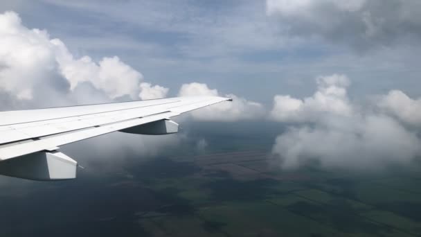 Pohled z okna létající letadlo na krásné mraky. Koncept letecké dopravy - Záběry, video