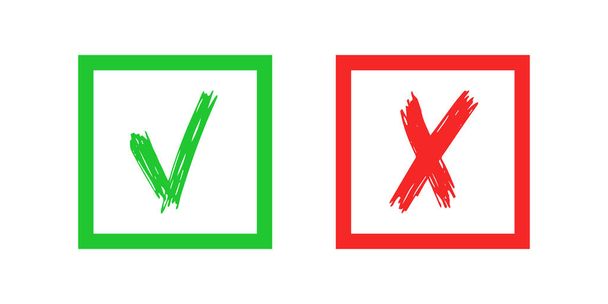Elementos de jaque y cruz dibujados a mano aislados sobre fondo blanco. Grunge garabato verde marca de verificación OK y rojo X en iconos cuadrados. Ilustración vectorial - Vector, Imagen