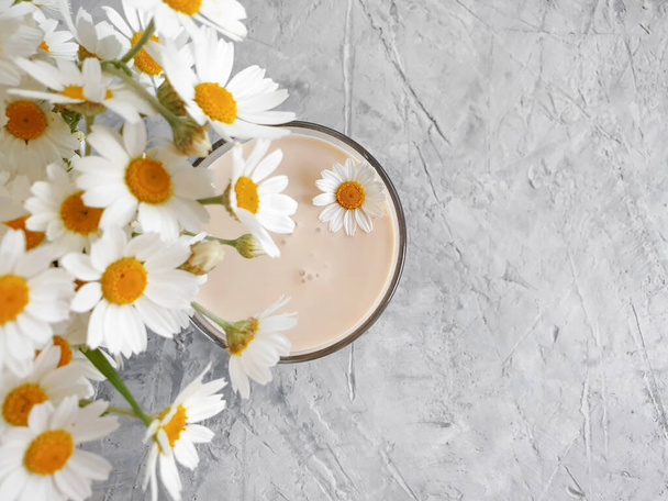 milk, chamomile flower on concrete background - Foto, Imagem