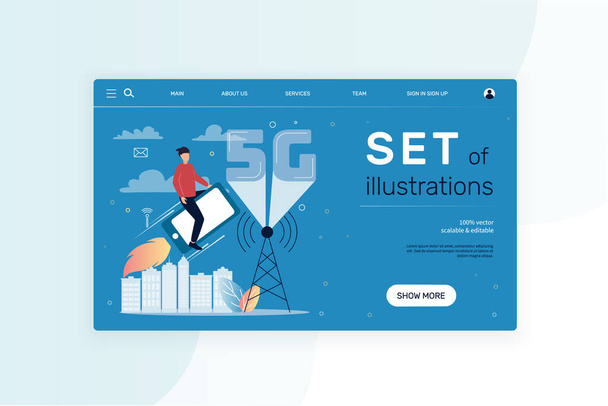 Web banner internet technology 5G. The man is flying on the phone. Vector. - Vector, Image