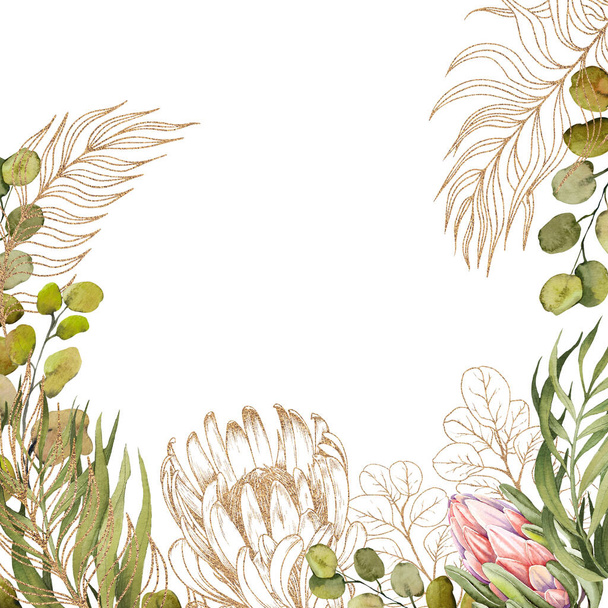 Floral proteas, eucalyptus and palm leaves frame on white background. - Fotoğraf, Görsel