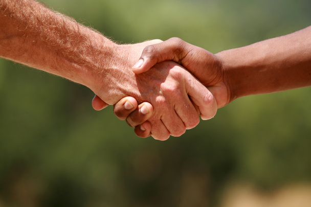 Afrikaans-Amerikaanse en Europese Amerikanen schudden elkaar de hand - Foto, afbeelding
