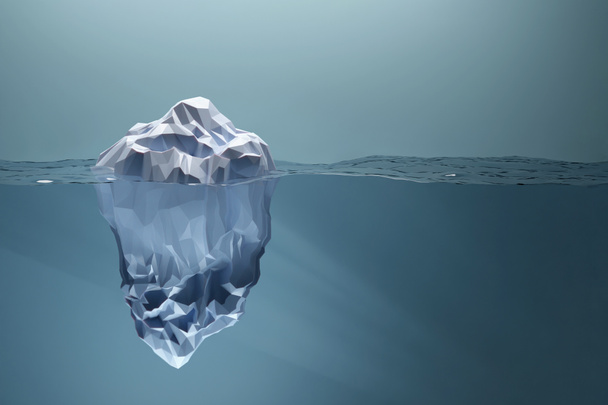 Lage poly ijsberg drijvend in water. Groot verborgen deel. Illustratie. 3d renderen - Foto, afbeelding
