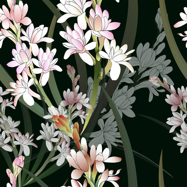 Tuberose - vector image of perfumery and cosmetic plants. Seamless pattern. Use printed materials, fabric prints, posters, postcards, packaging. - Vektör, Görsel