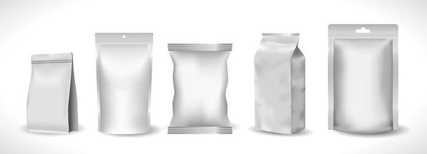 σετ ρεαλιστικών mock up πλαστικό προϊόν τσέπης ή τσάντα φύλλο zip πακέτο ή πρότυπο ψημένα τσιπ σνακ τροφίμων ή κενό πρότυπο εύκαμπτο σακουλάκι ρεαλιστική. διάνυσμα eps - Διάνυσμα, εικόνα