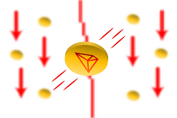 Tron Fall. Flecha roja abajo con fondo de efecto borroso gaussiano. La caída del mercado de Tron TRX. Gráfico rojo abajo - Vector, Imagen