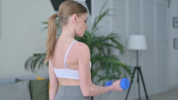 Vista posterior de una mujer joven haciendo ejercicio con pesimistas en casa  - Imágenes, Vídeo