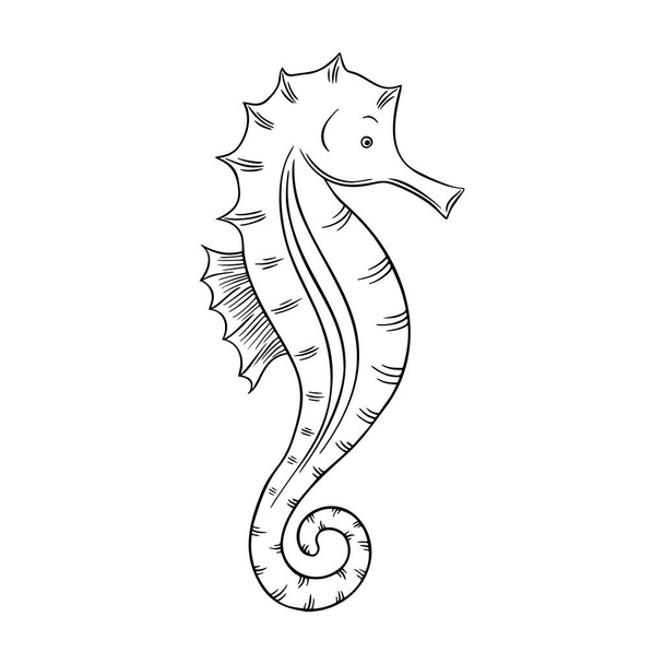 Vector illustration of a seahorse isolated on a white background. Coloring Pages. Coloring Book for adults and children. Antistress freehand sketch drawing with doodle and zentangle elements. - Vettoriali, immagini