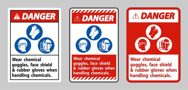 Niebezpieczeństwo znak nosić rękawice chemiczne, tarcza twarzy i gumowe rękawice podczas obchodzenia się z chemikaliami - Wektor, obraz