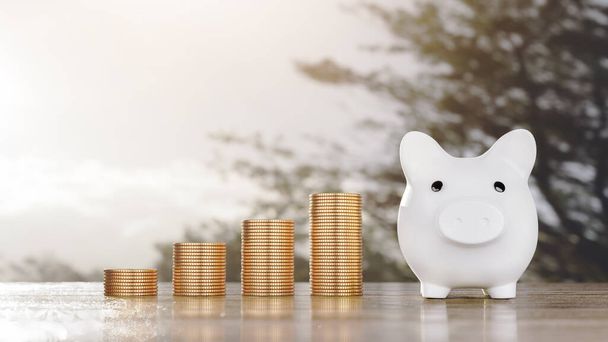 Saving money concept, Piggy bank with money coin stack positive income growth on the wooden floor in the morning, investing, economic, retirement with copy space. - Photo, Image
