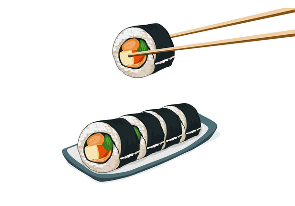 Суши. Палочки для еды забирают суши с тарелки. Закрыть японскую еду рисунком аниме. Векторная иллюстрация на белом фоне.   - Вектор,изображение