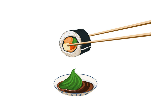 白を基調とした隔離寿司。寿司をつけたわさびと醤油をかけた箸。フード図面ベクトルイラストを閉じます。日本のアニメ料理.    - ベクター画像