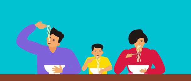 asiático família comer delicioso macarrão vetor ilustração - Vetor, Imagem