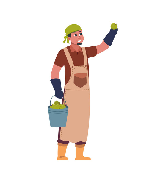 Agricultural worker harvesting. Gardener picking fruit from tree. Male character with bucket full of crop. Man holding apple in raised hand. Farmer works in orchard. Vector gardening - Vector, imagen