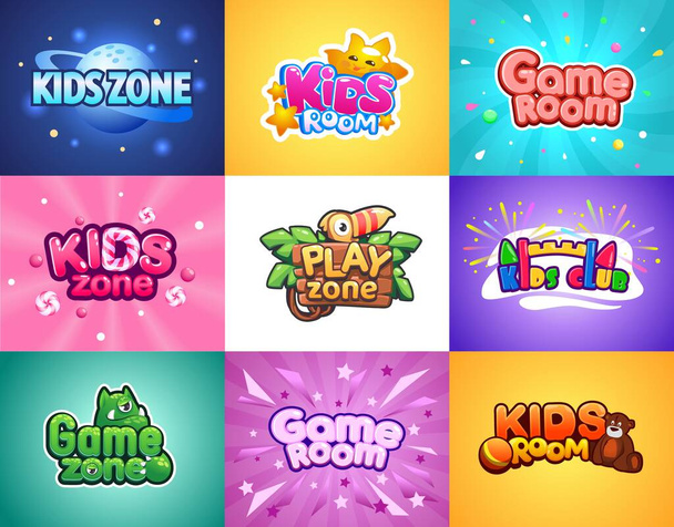 Baby zone. Kids playroom cartoon banners. Colorful posters set with lettering and funny mascots. Entertainment rooms. Playgrounds for boys and girls. Vector square bright flyers mockup - Vector, Image