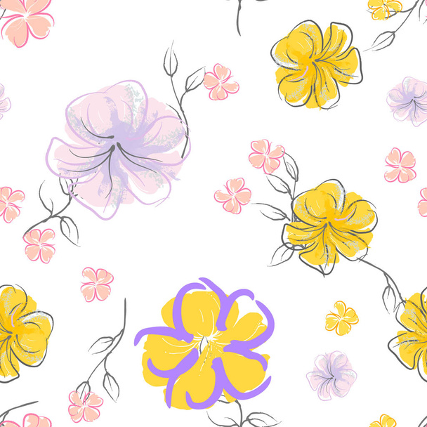 Pink Flowers Blooming Pattern. Pastel Watercolor Floral Print. Little Pink, Yellow, Lilac flower on grey leaf. Elegant brush Background. Seamless Botanical Vector Surface. Texture For Fashion Prints. - Vektör, Görsel