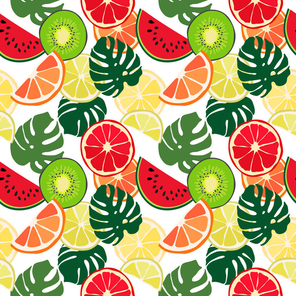 Seamless texture of green monstera leaves, watermelon slices and tropical fruits. Foliage pattern, natural abstract background. Bright floral summer texture from citrus. - Vektori, kuva