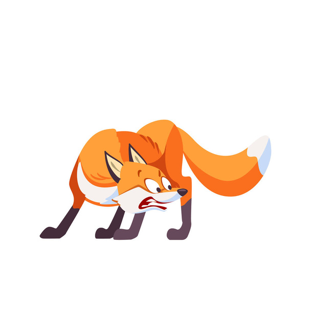 Cartoon fox afraid. Frightened, confused, embarrassed, puzzled, bewildered, discouraged, cowardly, terrified, emotions in the fox. Vector clip art isolated illustration - Vector, Image