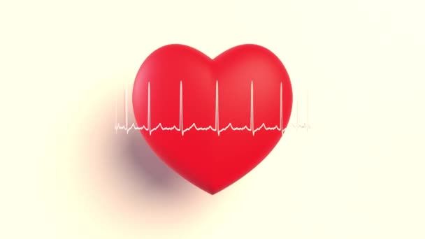 EKG gira alrededor de un corazón de juguete rojo que late sobre un fondo claro. Animación 3D - Metraje, vídeo