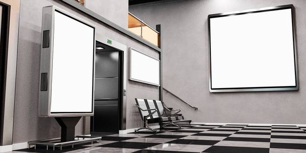 Advertising billboards. Station or airport interior with blank billboards. 3d illustration	 - Photo, Image