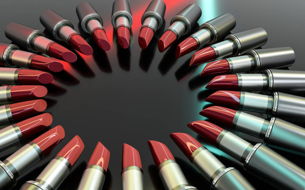 The lipstick is arranged in a circle with space for the text in the center. Glamorous background. Lip cosmetics. 3d illustration - Foto, Imagem