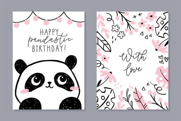 Piccolo panda - serie di carte. Carino il personaggio del panda, cornice floreale con frase scritta a mano. Illustrazione del cartone animato vettoriale - Vettoriali, immagini