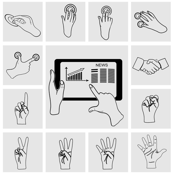 Tablet PC- en handen pictogrammen - Vector, afbeelding