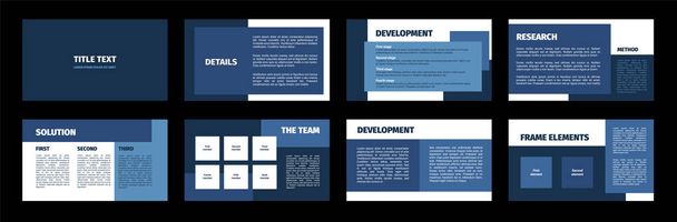 Presentation template. Blue rectangles flat design, white background. 8 slides. Title, detail, development, research, solution, team, frame, element. Modern corporate document. - Vector, Image