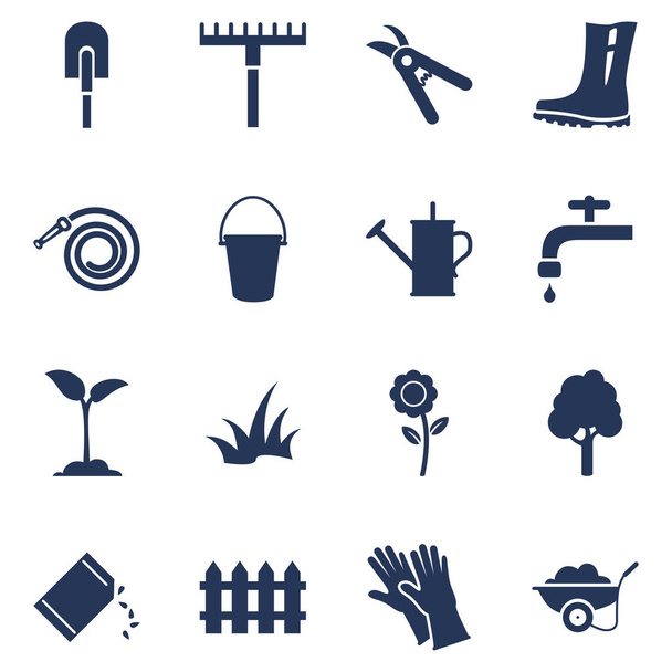 Ensemble vectoriel d'icônes de jardin. Symboles d'outils et de plantes de jardinage à silhouette - Vecteur, image
