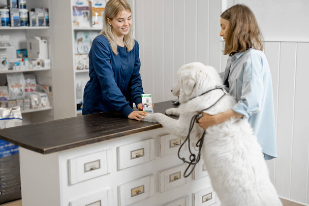 Woman with big white dog in veterinary clinic - Photo, Image