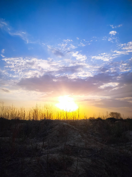 The golden sun rising in the cloudy sky on the field - Φωτογραφία, εικόνα