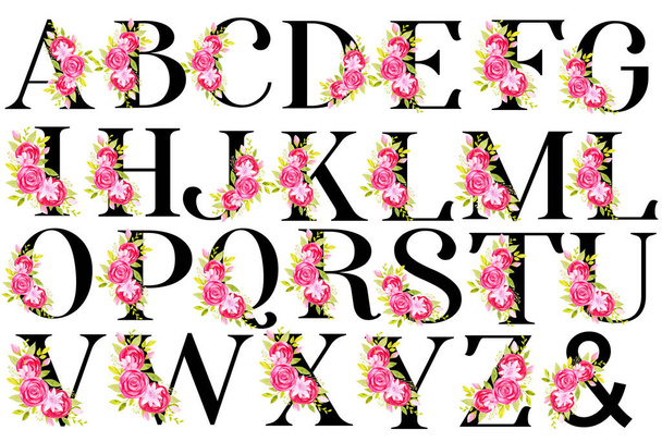 Floral alphabet Black letters red pink Flowers for wedding invitations, Greeting Cards, cards - Photo, Image