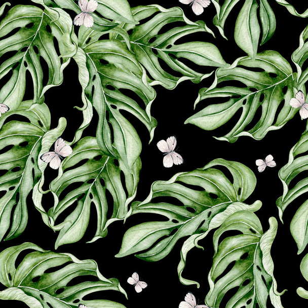 Gyönyörű akvarell zökkenőmentes minta trópusi levelekkel. Illusztráció - Fotó, kép