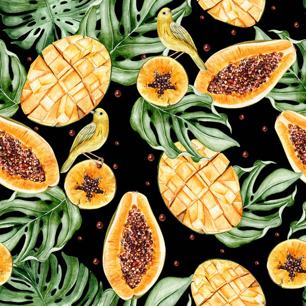 Beautiful watercolor tropical pattern with fruits papaya and mango, yellow bird. Illustration - Photo, Image