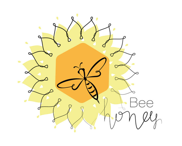Honey bee. Linear sunflower. Honeycomb. Concepts logo, emblem. Bee icon. Honey flying bee. Insect.  - Vector, Image