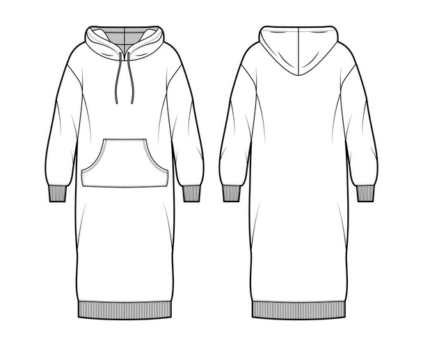 Φόρεμα hoody τεχνική μόδα εικονογράφηση με μακριά μανίκια, καγκουρό θήκη, rib cuff oversized σώμα, γόνατο φούστα μήκος - Διάνυσμα, εικόνα