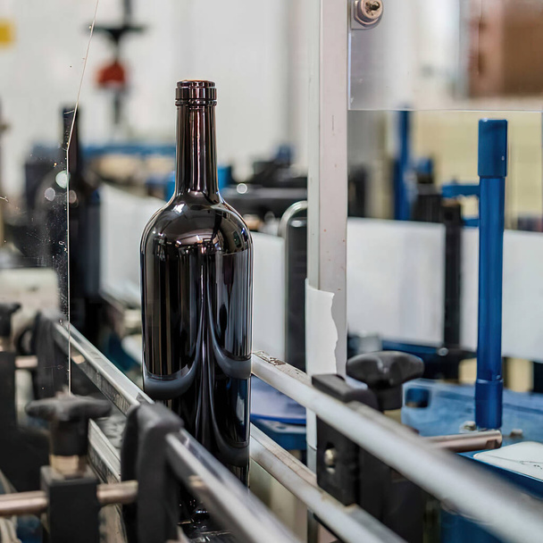 Botella de vino sin etiqueta en la línea transportadora en la fábrica de fabricación equipada moderna - Foto, imagen