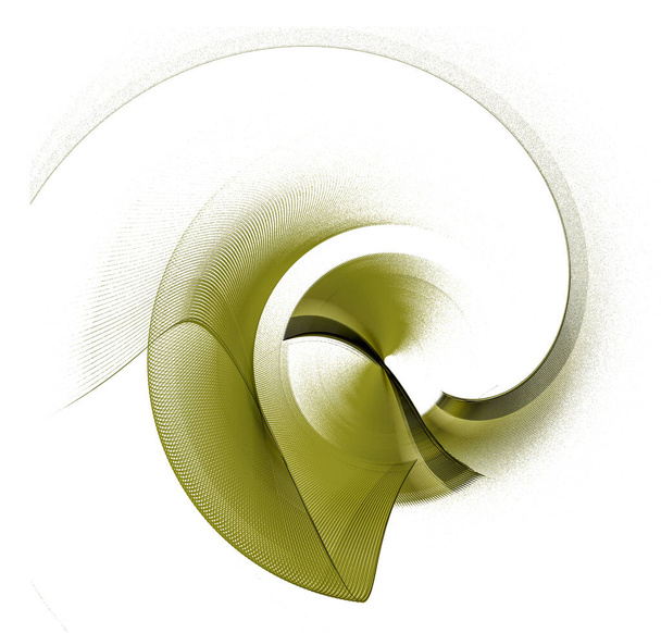 ジグザグと円弧状に湾曲した波状の、保護された緑の縞模様の平らな要素は、白い背景で回転します。グラフィックデザインの要素。ロゴ、サイン、アイコン、シンボル。3Dレンダリング。3Dイラスト. - 写真・画像