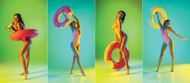 Portraits of beautiful seductive girl in fashionable swimsuit on disco bicolored neon studio background in neon light. - Foto, afbeelding