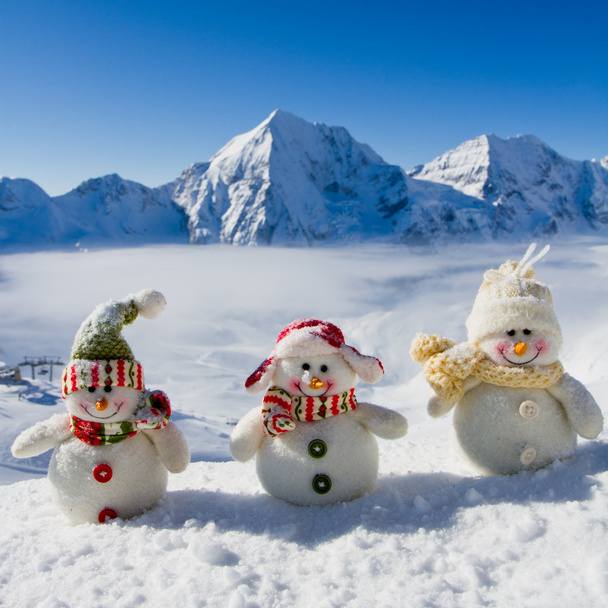 winter, sneeuw, zon en fun - gelukkig sneeuwpop vrienden - Foto, afbeelding