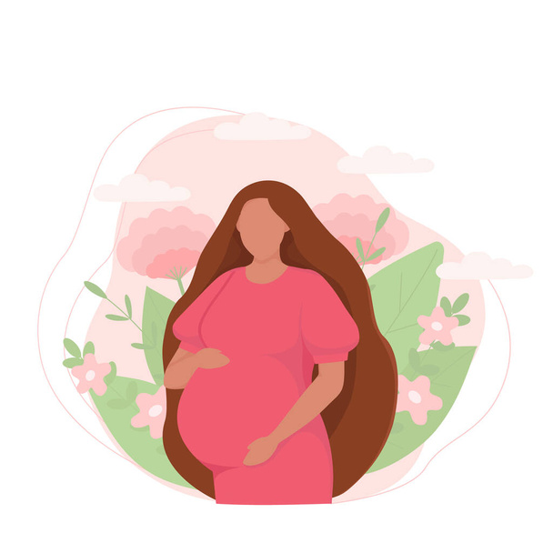 Egy terhes afrikai nő a levelek hátterében. Az egészség, az anyaság és a szülésre való felkészülés fogalma. Vektor illusztráció lapos stílusban rózsaszín és zöld színekben, sablon. - Vektor, kép